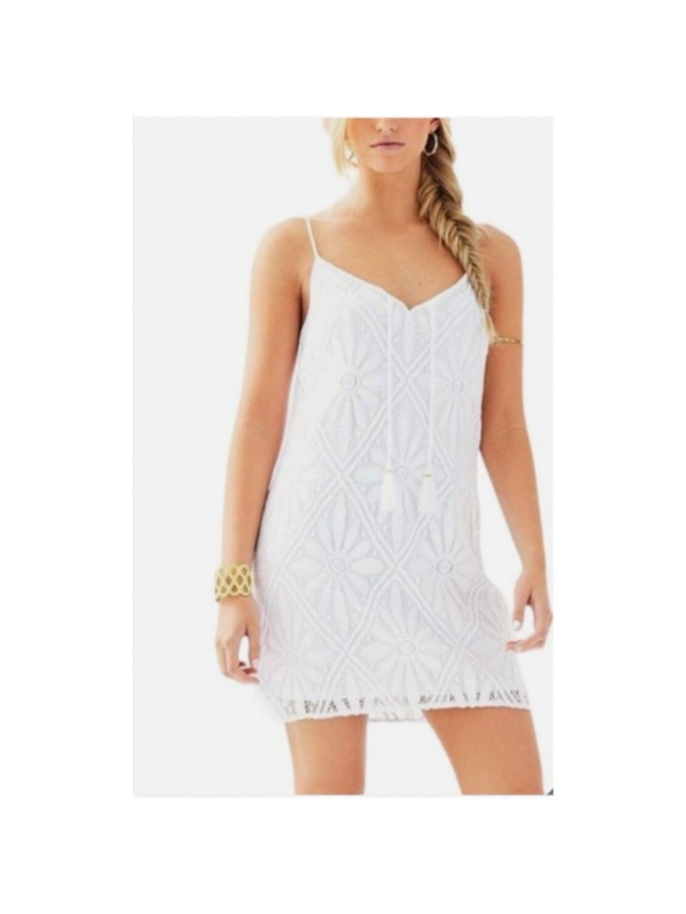 Lilly Pulitzer Delray Shift Dress Womens XS White Lace Tassel Spaghetti Strap‎